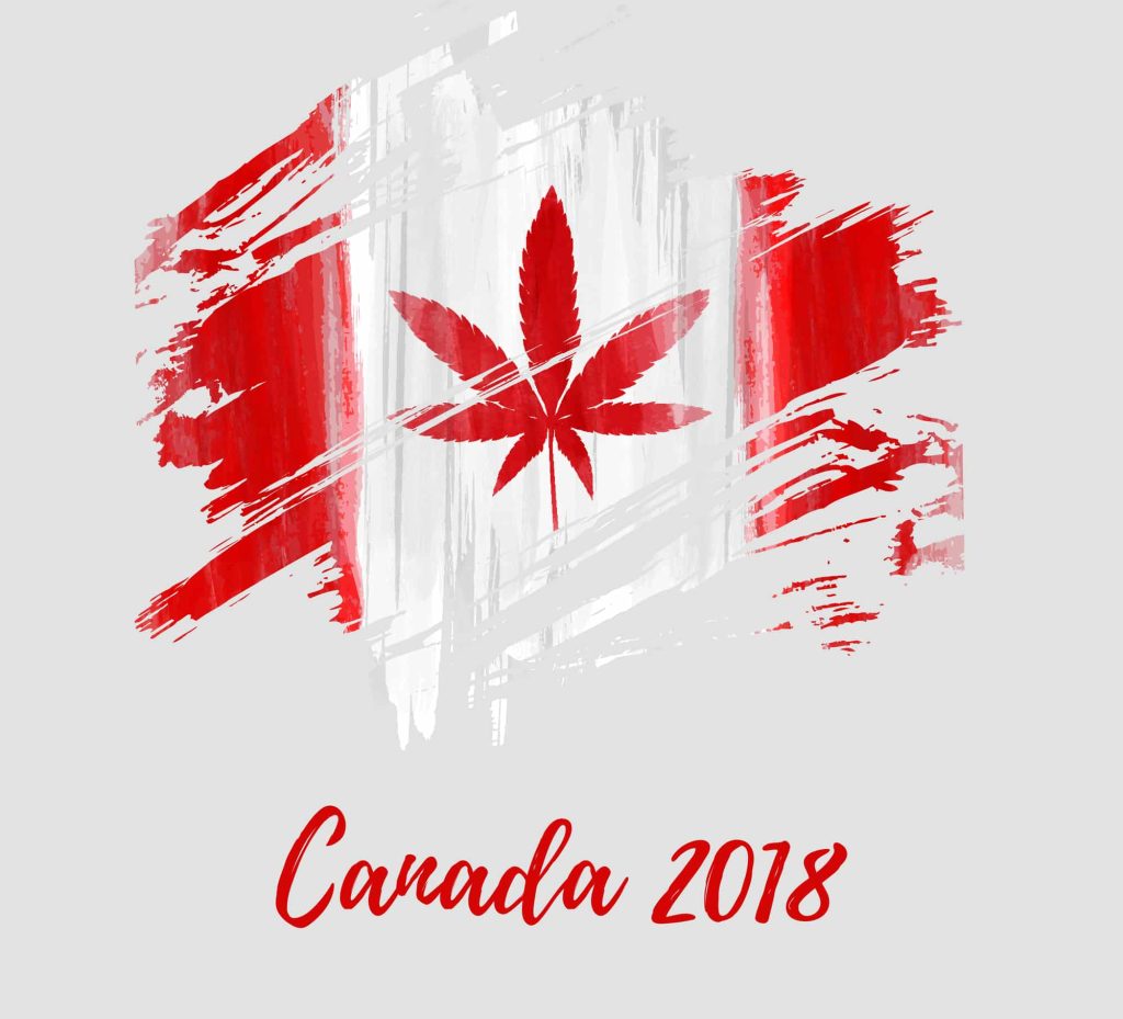 Abstract grunge watercolour flag of Canada where maple leaf replaced by marijuana leaf.
