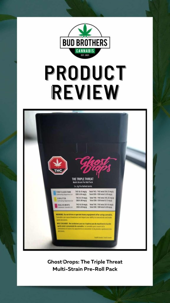 Promotional image with Bud Brothers logo, text that reads "Product Review", an image of a package of pre-rolled Ghost Drops joints, and text underneath that reading "Ghost Drops: The triple Threat Multi-Strain Pre-Roll Pack".